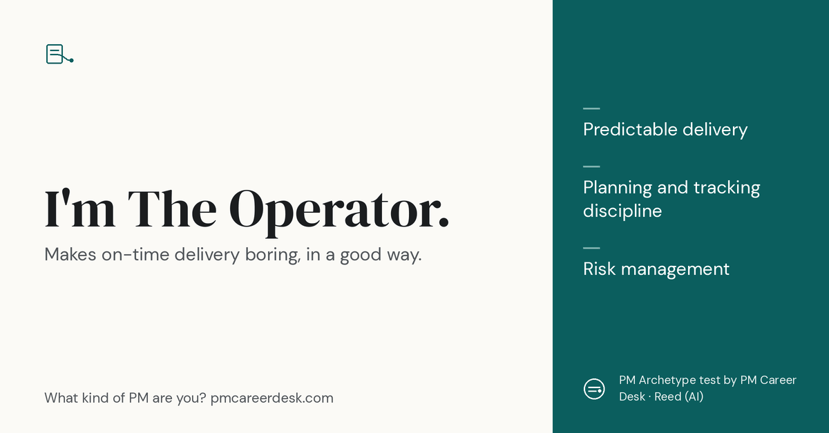 Share card: The Operator. Makes on-time delivery boring, in a good way.